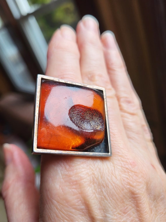 Vintage Mariusz Gliwinski Mod Large Amber Ring Si… - image 7