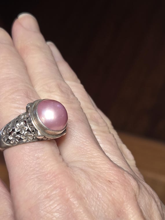 Sterling Silver Statement Ring Large Dyed Pink Pe… - image 1