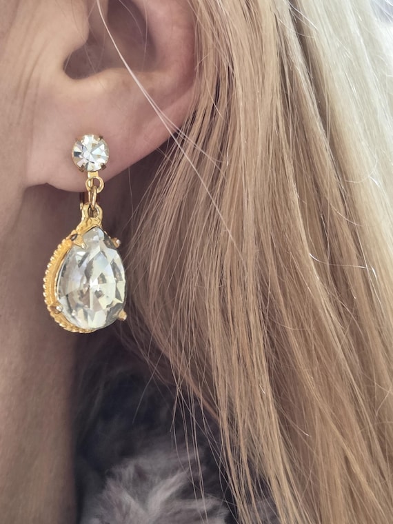 Large Clip on Rhinestone Dangle Evening Earrings … - image 1