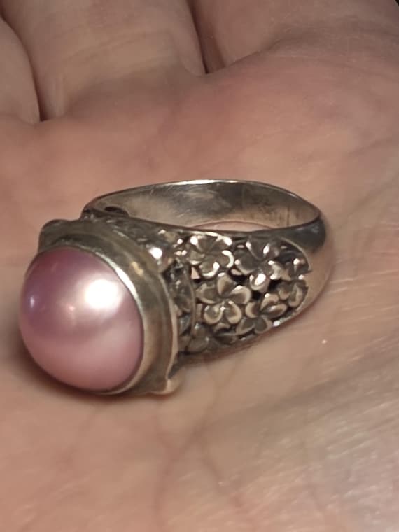 Sterling Silver Statement Ring Large Dyed Pink Pe… - image 5