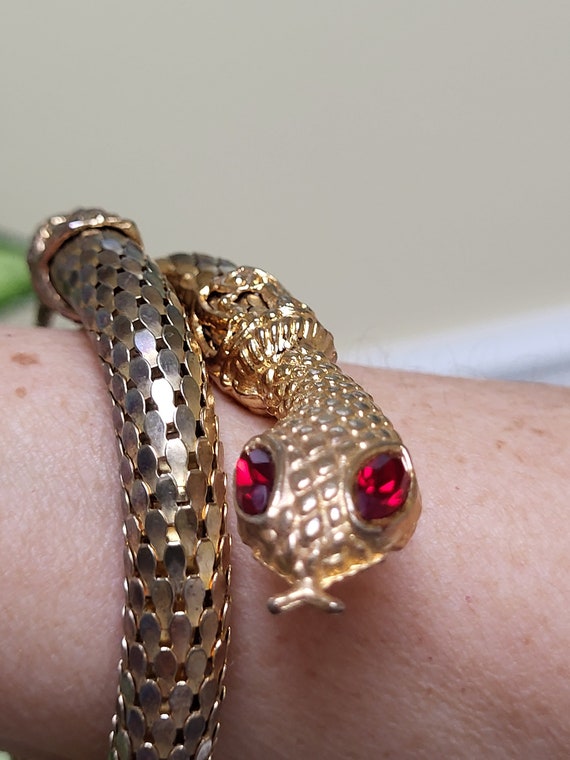 Vintage Enameled Snake Bangle Bracelet w/ Ruby Eyes Heavy 14K Gold