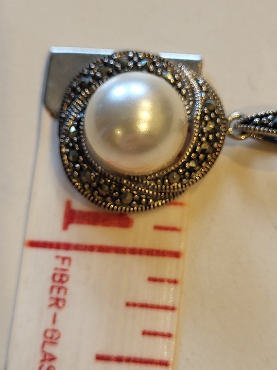 Large Faux Pearl and Marqusite Pendant Necklace S… - image 5