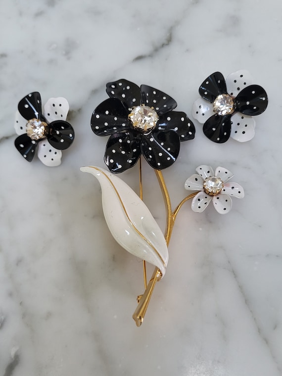 Vintage Avon Earrings and Brooch Set Floral Poka Dot Black and White Etsy