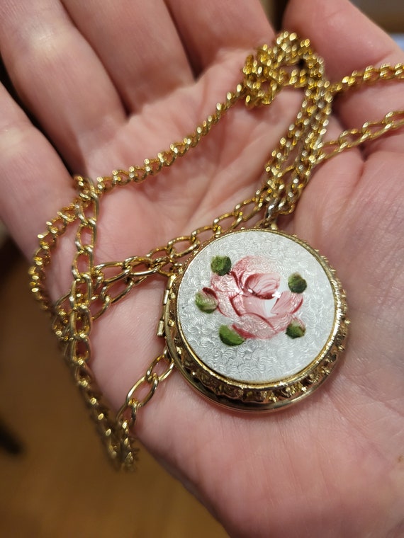 Vintage Guilloche Rose Enameled Locket Double gold