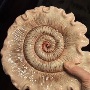 May include: A ceramic seashell dish with a pink and brown glaze. The dish is shaped like a nautilus shell with a spiral pattern.