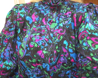 Adrianna Papell 1980s Colorful Silk Blouse Padded Shoulders highneck with flower