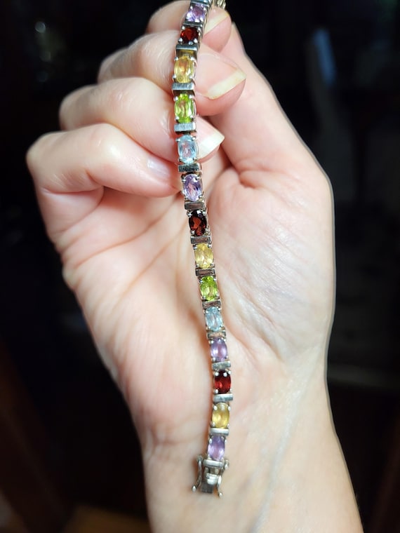 Sterling Silver Gemstone Multi colored Tennis bra… - image 1