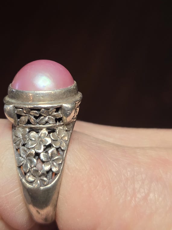 Sterling Silver Statement Ring Large Dyed Pink Pe… - image 2