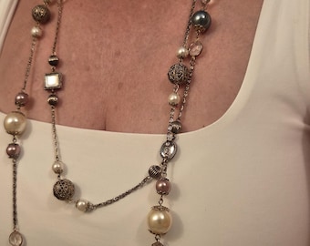 Stunning Long station Laying Necklace Faux pearl and Chain