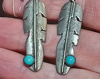 Sterling Silver Southwestern Feather Earrings with tiny Turquoise stone