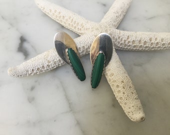 Vintage Malachite Green Stone Earring set In Sterling