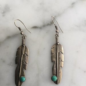 May include: A pair of silver earrings with turquoise stones. Each earring features a detailed feather design.