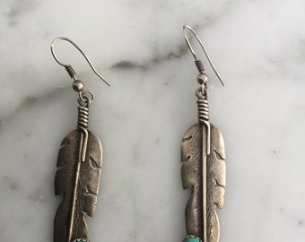 Sterling Feather dangle Earrings Turquoise