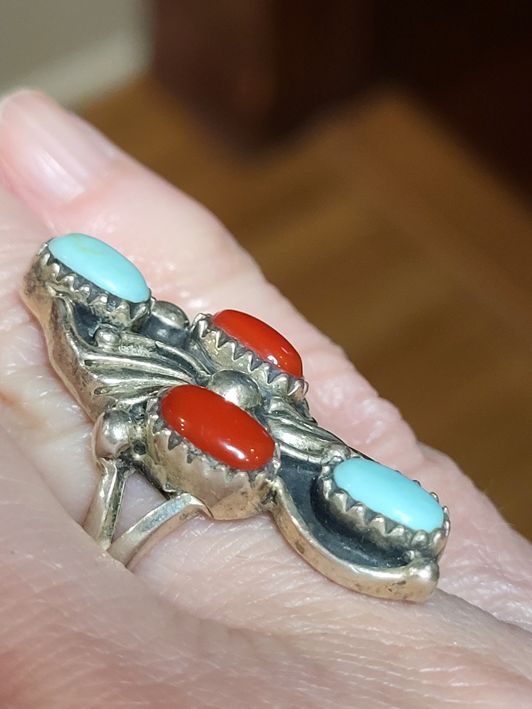 Vintage Turquoise and Coral Navajo Ring Size 6.5 - Etsy