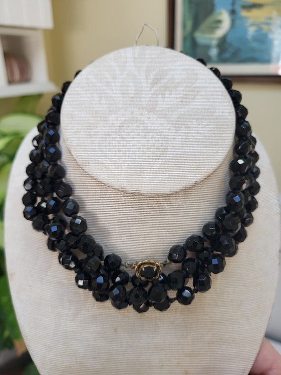 Crystal Flapper Long Black Beaded Necklace/Deco Fl