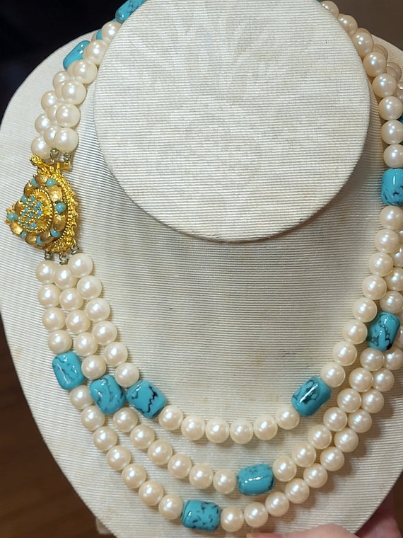 VINTAGE Faux Pearl Three Strand Necklace with Turq