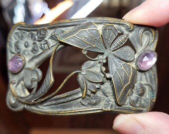 Victorian Butterfly and Pink Paste Belt Buckle Nice Dark Patina