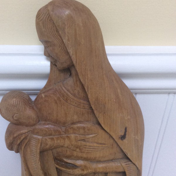 Vintage Wooden Virgin Mary and Baby Wall Hanging...