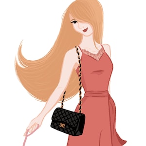 K&ouml;nnte beinhalten: Illustration einer Frau mit langem, flie&szlig;endem blondem Haar, die ein korallenfarbenes Kleid mit Spitzenausschnitt tr&auml;gt. Sie tr&auml;gt eine schwarze, gesteppte Handtasche mit einem goldfarbenen Kettenriemen. Das Bild hat einen weichen, k&uuml;nstlerischen Stil.