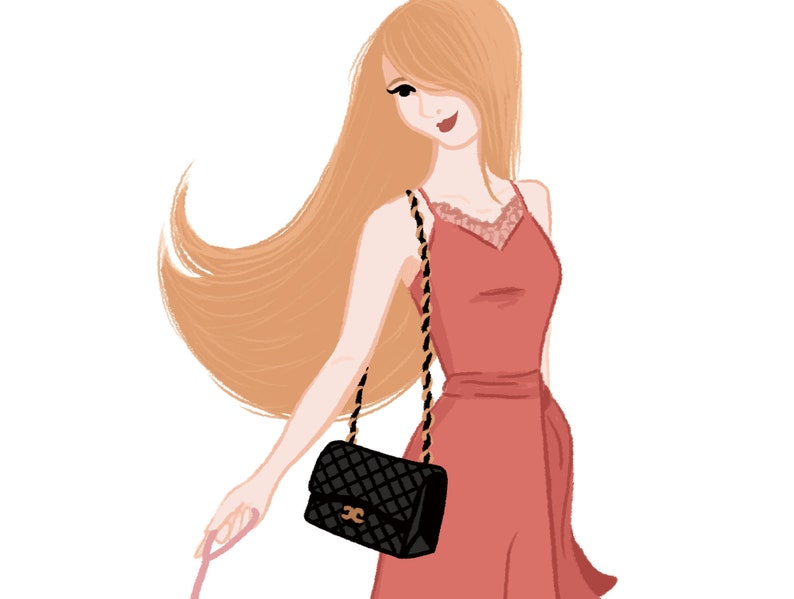 K&ouml;nnte beinhalten: Illustration einer Frau mit langem, flie&szlig;endem blondem Haar, die ein korallenfarbenes Kleid mit Spitzenausschnitt tr&auml;gt. Sie tr&auml;gt eine schwarze, gesteppte Handtasche mit einem goldfarbenen Kettenriemen. Das Bild hat einen weichen, k&uuml;nstlerischen Stil.