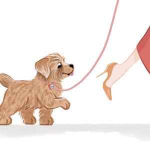 K&ouml;nnte beinhalten: Illustration eines hellbraunen Welpen an einer rosa Leine, der nach vorne geht. Der Welpe tr&auml;gt ein rosa Halsband mit einem herzf&ouml;rmigen Anh&auml;nger. Auch das Bein und der Fu&szlig; einer Person in einem High Heel sind zu sehen.