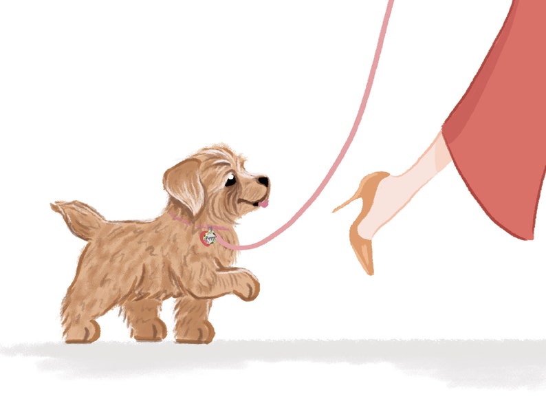 K&ouml;nnte beinhalten: Illustration eines hellbraunen Welpen an einer rosa Leine, der nach vorne geht. Der Welpe tr&auml;gt ein rosa Halsband mit einem herzf&ouml;rmigen Anh&auml;nger. Auch das Bein und der Fu&szlig; einer Person in einem High Heel sind zu sehen.