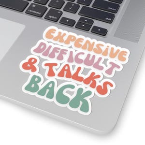 May include: A die-cut sticker with a white border featuring the text EXPENSIVE DIFFICULT & TALKS BACK in a wavy, retro-style font. The word EXPENSIVE is peach, DIFFICULT is mauve, & TALKS is coral, and BACK is sage green.