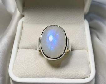 Rainbow Moonstone Ring Sterling Silver | Boho Adularescence Crystal Jewelry
