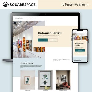 Peut inclure: Un ordinateur portable et un smartphone affichent une conception de site web. Le site web présente le texte "Botanical Artist" et met en valeur l'art botanique. La conception comprend des images d'œuvres d'art et le logo Squarespace.