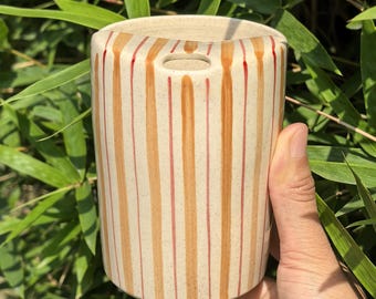 Brown Striped Ceramic Travel Mug With Lid, Handmade Ceramic Mug, Pottery Travel Mug, Ceramic Tumbler, Ceramic To Go Mug, Coffee Lover Gift