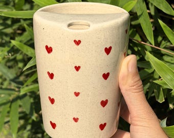Red Heart Ceramic Travel Mug with Lid, Handmade Ceramic Mug, Ceramic To Go Mug, Pottery Travel Mug, Ceramic Tumbler, Birthday Gift for Her