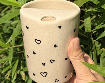 Solid Hollow Heart Ceramic Travel Mug with Lid, Handmade Ceramic Mug, Ceramic To Go Mug, Pottery Travel Mug, Ceramic Tumbler, Birthday Gift