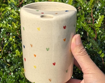 Colorful Heart Ceramic Travel Mug with Lid, Handmade Ceramic Mug, Ceramic To Go Mug, Pottery Travel mug, Ceramic Tumbler, Gift for Her