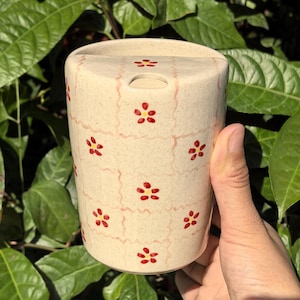 Könnte beinhalten: Eine beige Keramikvase mit floralem Muster. Die Vase hat eine zylindrische Form mit gewölbtem Oberteil und einer kleinen Öffnung. Rote Blumen sind gleichmäßig über die Oberfläche verteilt, mit einem hellrosa Rissmuster.