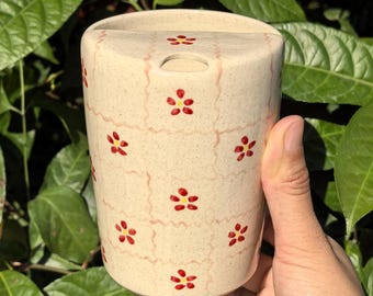 Floral Grid Ceramic Travel Mug with Lid, Handmade Ceramic Mug, Ceramic To Go Mug, Pottery Travel mug, Ceramic Tumbler, Birthday Gift