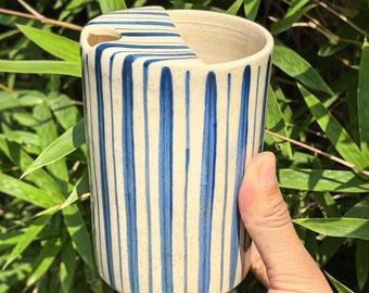 Blue Striped Ceramic Travel Mug with Lid, Handmade Ceramic Mug, Ceramic To Go Mug, Pottery Travel Mug, Ceramic Tumbler, Birthday Gift