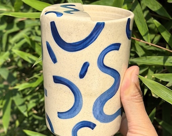 Modern Abstract Striped Ceramic Travel Mug with Lid, Handmade Pottery Travel Mug, Ceramic Tumbler, Ceramic To Go Mug, Birthday Gift for Her
