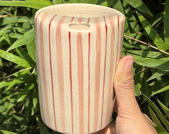 Pink Striped Ceramic Travel Mug With Lid, Handmade Ceramic Mug, Ceramic To Go Mug, Pottery Travel Mug, Ceramic Tumbler, Birthday Gift