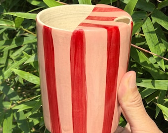Red Hand-Painted Striped Ceramic Travel Mug with Lid, Handmade Pottery Travel Mug, Ceramic Tumbler, Ceramic To Go Mug, Birthday Gift
