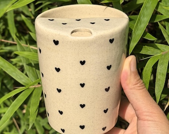 Tiny Black Heart Ceramic Travel Mug With Lid, Handmade Ceramic Mug, Ceramic To Go Mug, Pottery Travel Mug, Ceramic Tumbler, Birthday Gift