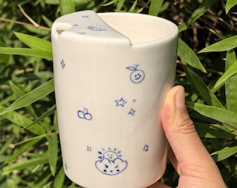 Blue Doodle Ceramic Travel Mug With Lid, Handmade Ceramic Mug, Ceramic To Go Mug, Pottery Travel Mug, Ceramic Tumbler, Birthday Gift