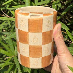 Brown Coffee Checkerboard Ceramic Travel Mug with Lid, Ceramic To Go Mug, Handmade Pottery Travel Mug, Ceramic Tumbler, Birthday Gift