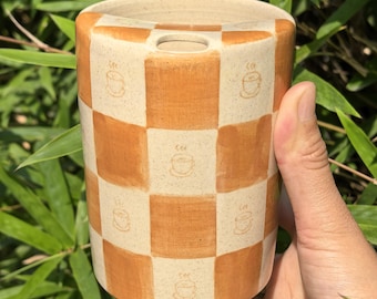Brown Coffee Checkerboard Ceramic Travel Mug with Lid, Ceramic To Go Mug, Handmade Pottery Travel Mug, Ceramic Tumbler, Birthday Gift