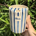 Custom Name Blue Striped Ceramic Travel Mug with Lid, Handmade Ceramic Mug, Ceramic To Go Mug, Travel Mug, Ceramic Tumbler, Birthday Gift