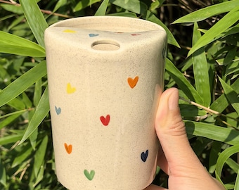Colorful Heart Ceramic Travel Mug with Lid, Handmade Pottery Travel Mug, Ceramic Tumbler, Handmade Mug, Ceramic To Go Mug, Birthday Gift