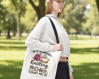 Sac fourre-tout tricot et café pour les amateurs de laine, cadeau de tricoteur amusant, sac de projet en toile