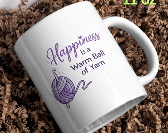 Mug à tricoter et crocheter, Le bonheur est une pelote de laine chaude, Coupe de laine violette