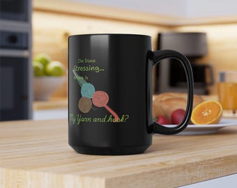 Mug au crochet Im Done Stressing, cadeau amusant pour les amateurs de laine, tasse à café en céramique noire au crochet, collection Makers Mindfulness