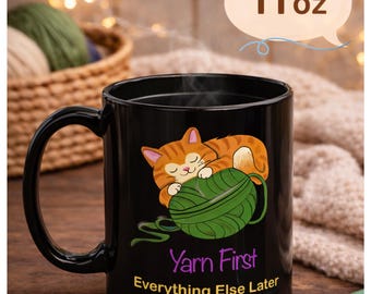Mug drôle au crochet, premier chat en fil, chat noir et tasse à café en fil, cadeau pour les crocheteurs