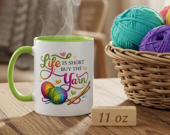 La vie est courte Buy The Yarn, Mug Accent Lover au crochet, (11 oz et 15 oz)